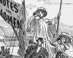 Cartoon showing a Votes for Women demonstration